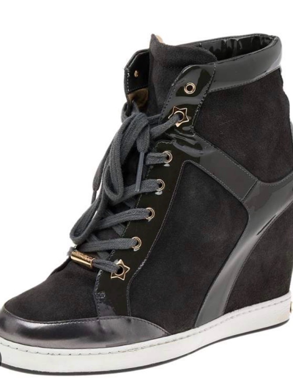 Jimmy Choo Black Suede and Patent Wedge Sneaker